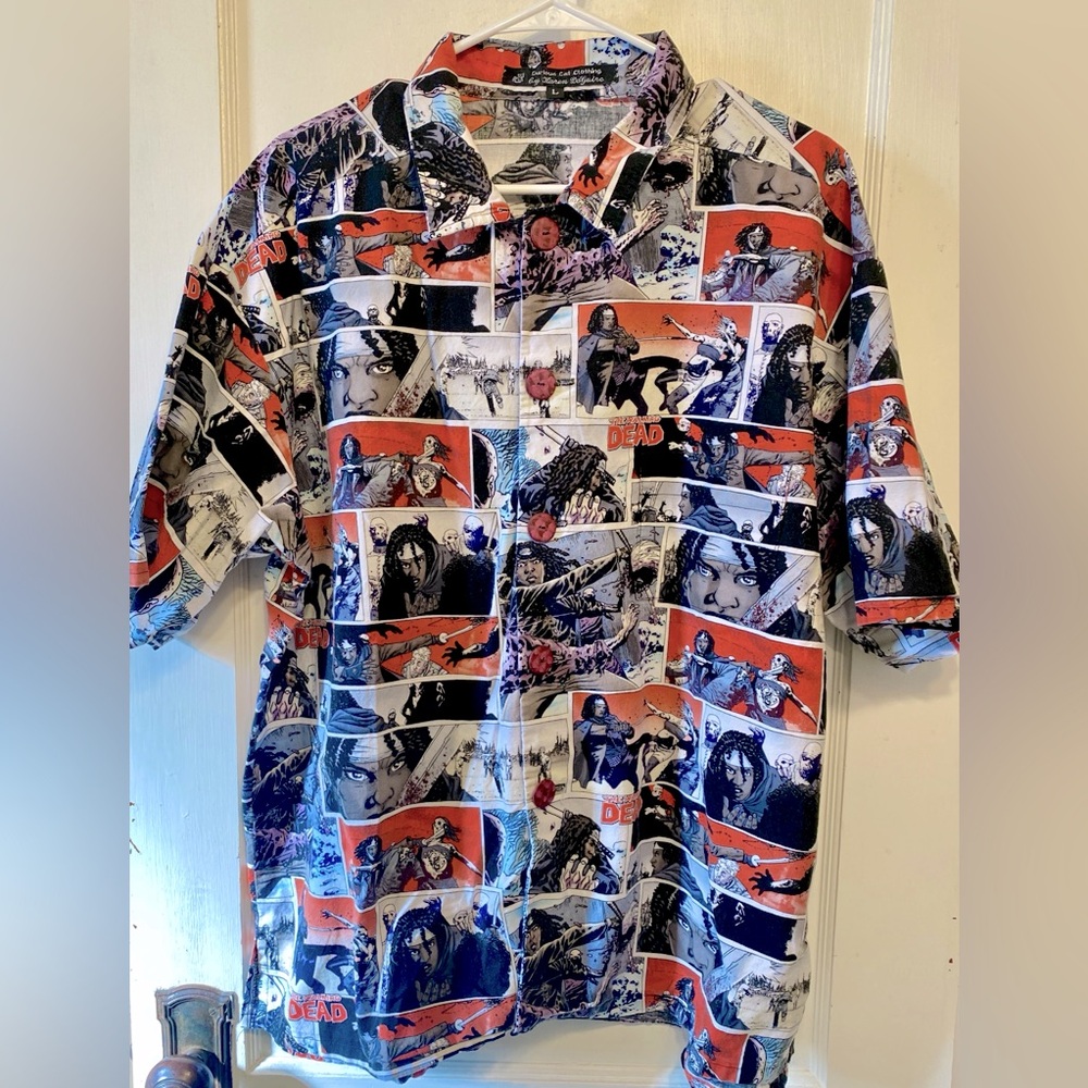 The Walking Dead Horror Comic Short Sleeve Button Down Collared Hawaiian Shirt L